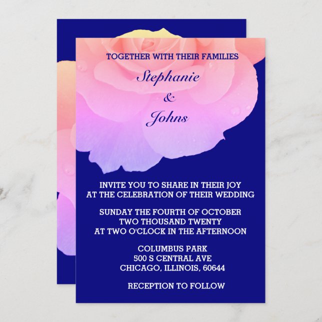 Invitation Rose Floral Marine bleu Rose Rose Mariage (Devant / Derrière)