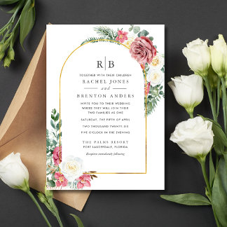 Invitation Rose Floral Mélangé Famille Monogramme Mariage
