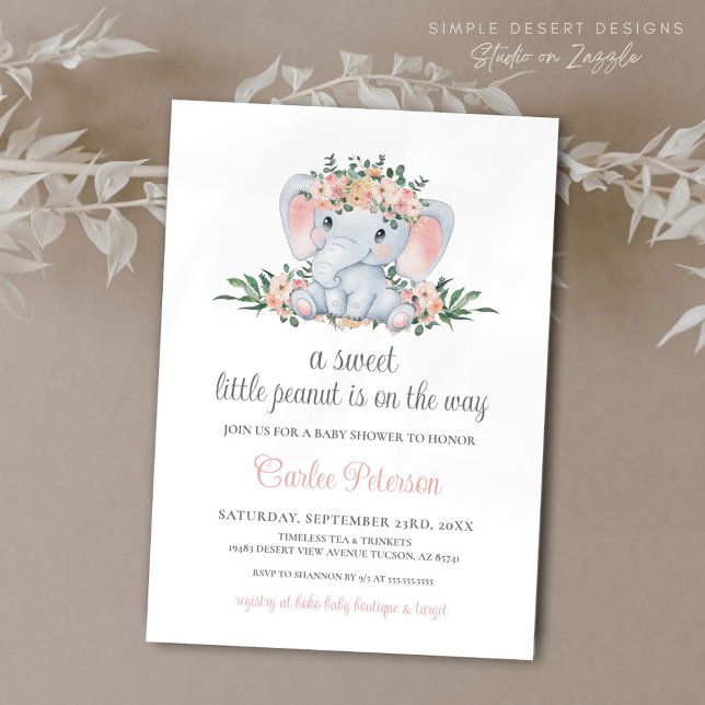 Invitation Rose Floral mignon Eléphant bébé Baby shower fille (Pink Floral Boho Elephant Baby Shower Invitation with Calligraphy Script on White Background)