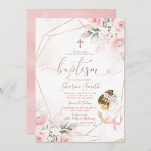 Invitation Rose Floral mignonne fille priant baptême baptême