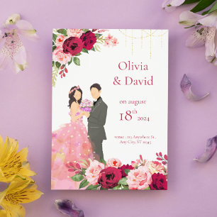 Invitation Rose Floral Moderne Aquarelle Rouge Fleurs Mariage