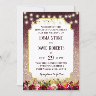 Invitation Rose floral moderne Bourgogne or Ombre Mariage