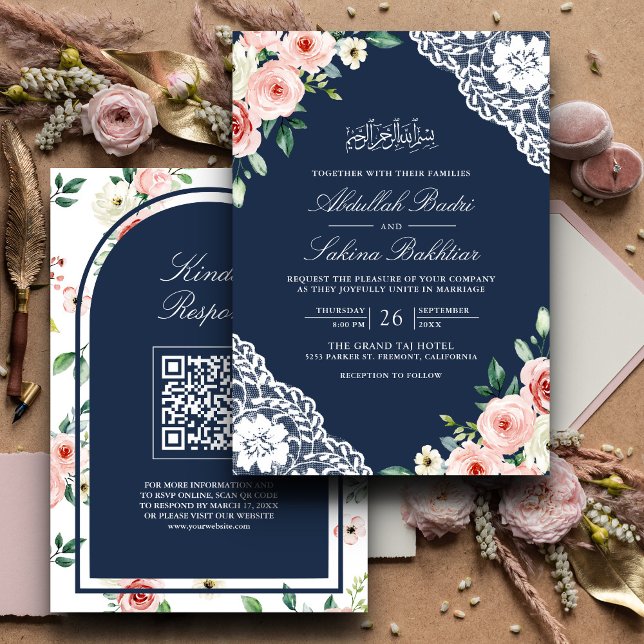 Invitation Rose Floral Navy Blue Lace QR Code Musulman Mariag (Créateur téléchargé)