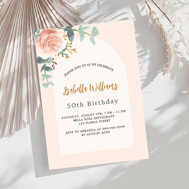 Invitation Rose floral or blush arche de luxe anniversaire (Créateur téléchargé)