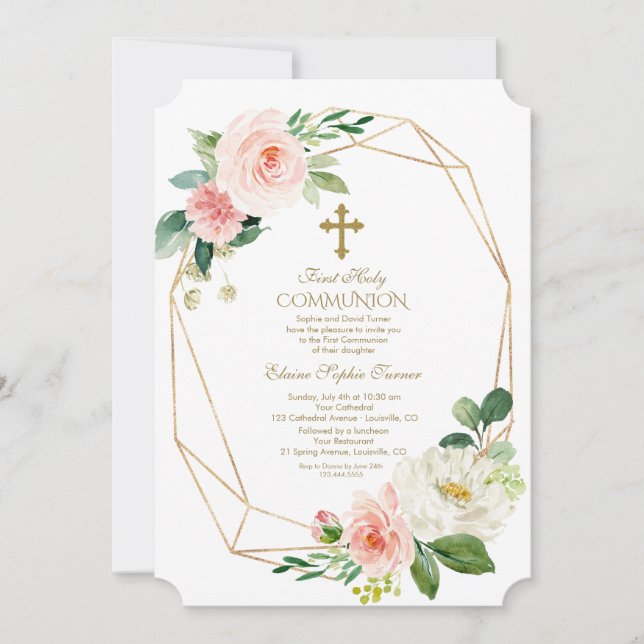 Invitation Rose Floral Or Diamond Première Communion Sainte (Devant)