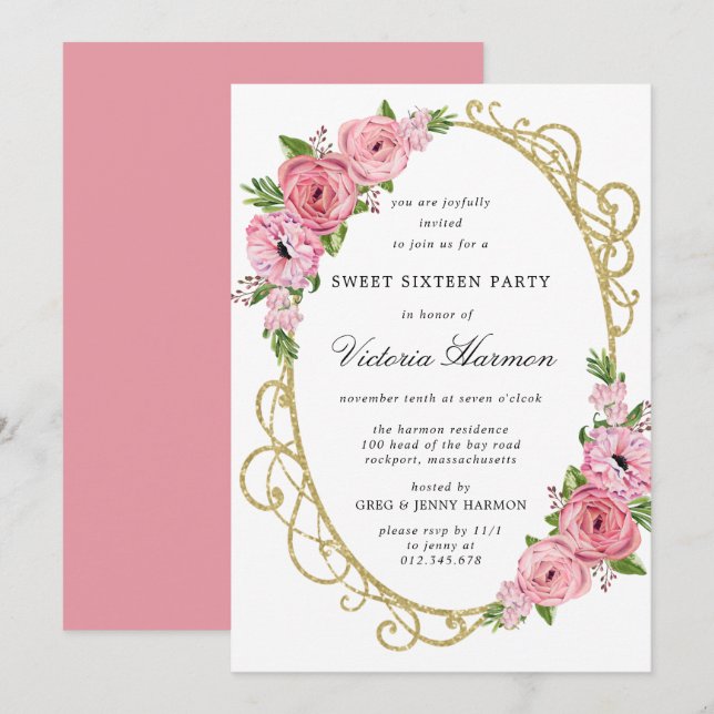 Invitation Rose Floral Or Frame Sweet 16 Party Invitat (Devant / Derrière)