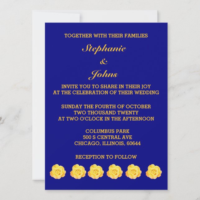Invitation Rose Floral or jaune or bleu marine Mariage (Devant)