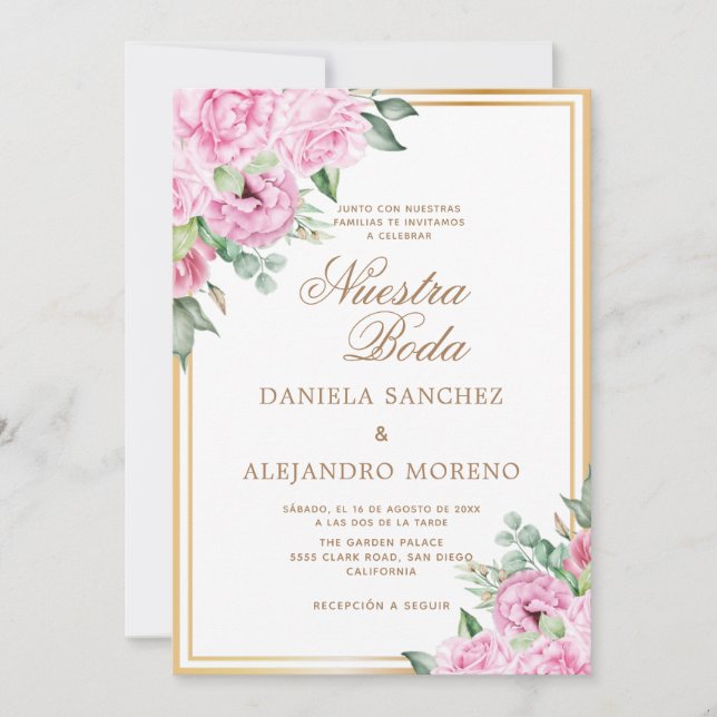 Invitation Rose Floral or Nuestra Boda Mariage espagnol (Devant)
