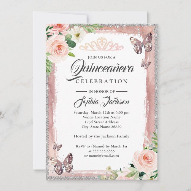 Invitation Rose floral Or papillon étincelant Quinceanera (Devant)