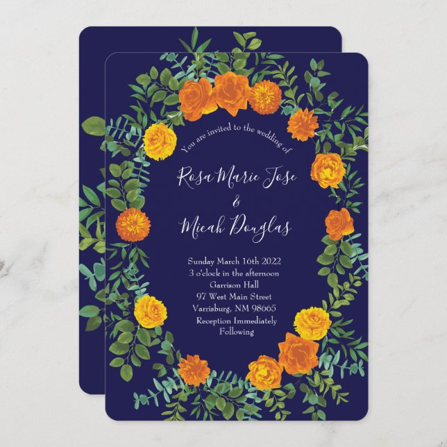 Invitation Rose Floral Orange Navy Blue Peony Mariage (Devant / Derrière)