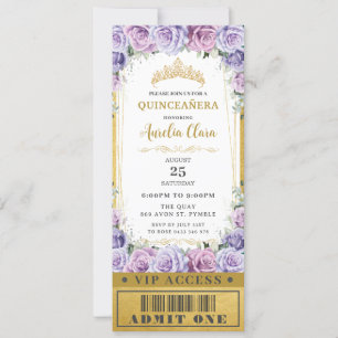 Invitation Rose floral pourpre Quinceañera Sweet 16 VIP Ticke