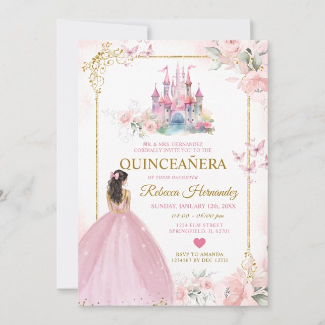 Invitation Rose Floral Princess Royal Castle Gold Quinceañera (Devant)