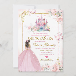 Invitation Rose Floral Princess Royal Castle Gold Quinceañera