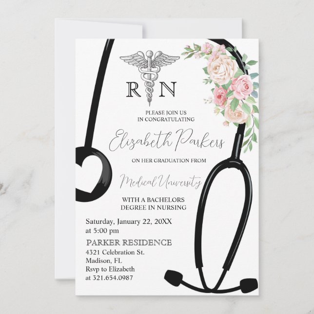 Invitation Rose Floral RN Nursing School (Devant)