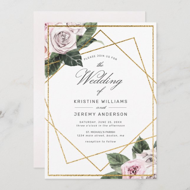 Invitation Rose floral  rose moderne  Gold Frame Mariage I (Devant / Derrière)