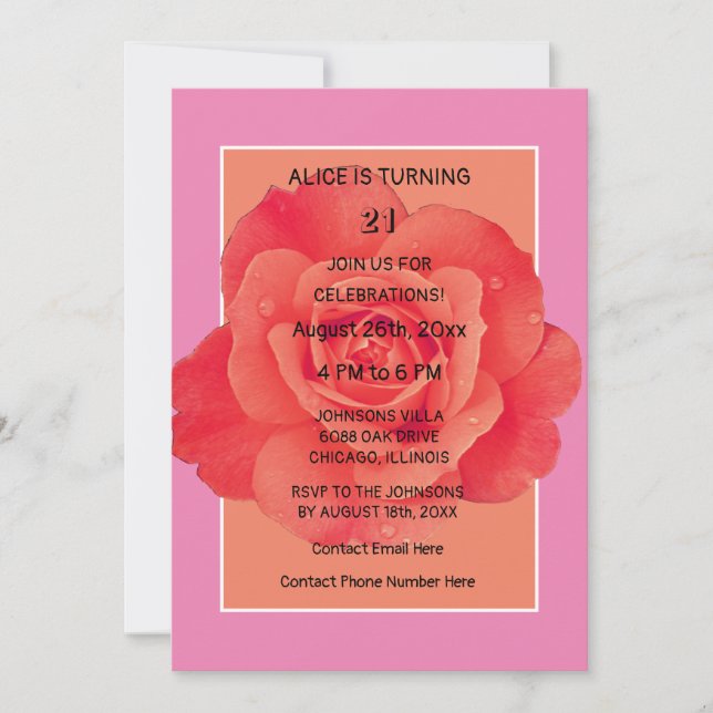 Invitation Rose floral rose orange moderne 21e anniversaire (Devant)