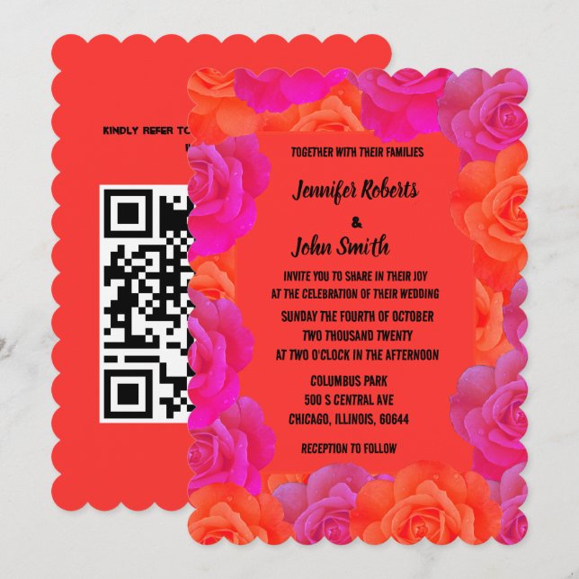 Invitation Rose Floral rose Orange Motif QR Code Mariage (Devant / Derrière)