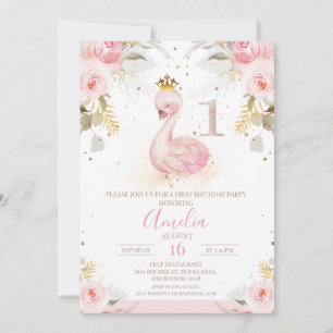 Invitation Rose Floral Rose Princess Swan 1er anniversaire