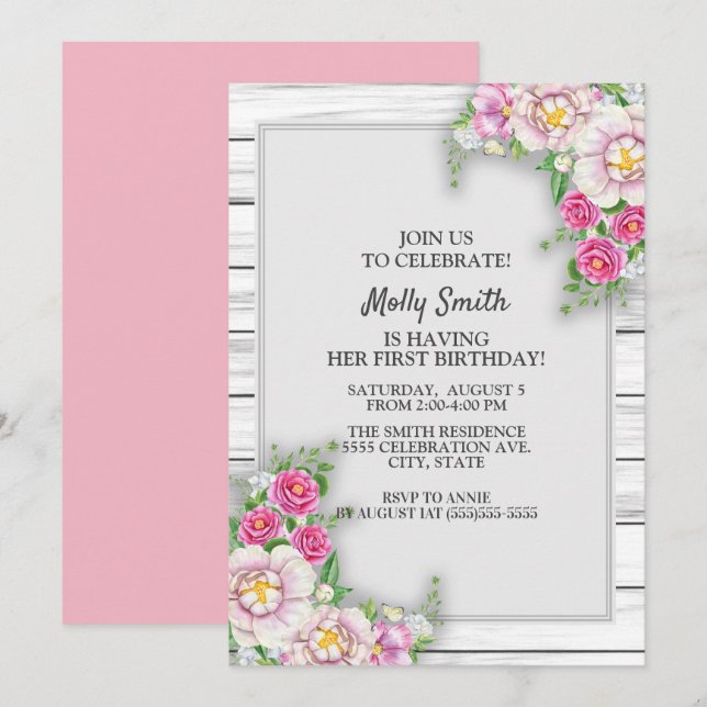 Invitation Rose Floral Rustique Bois bébé fille premier anniv (Devant / Derrière)