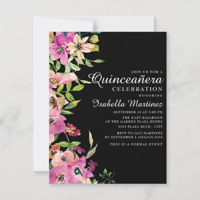 Invitation Rose Floral Sage Vert Feuille Black Quinceañera (Devant)