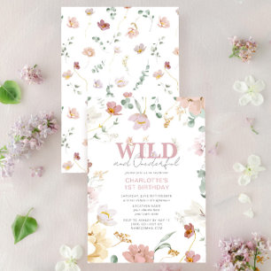 Invitation Rose Floral Sauvage & Merveilleuse Fille 1er Anniv