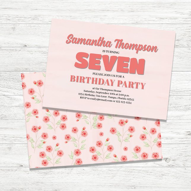 Invitation Rose Floral Septième anniversaire fille Modèle de  (Seventh Birthday Girl Custom Invitations.)