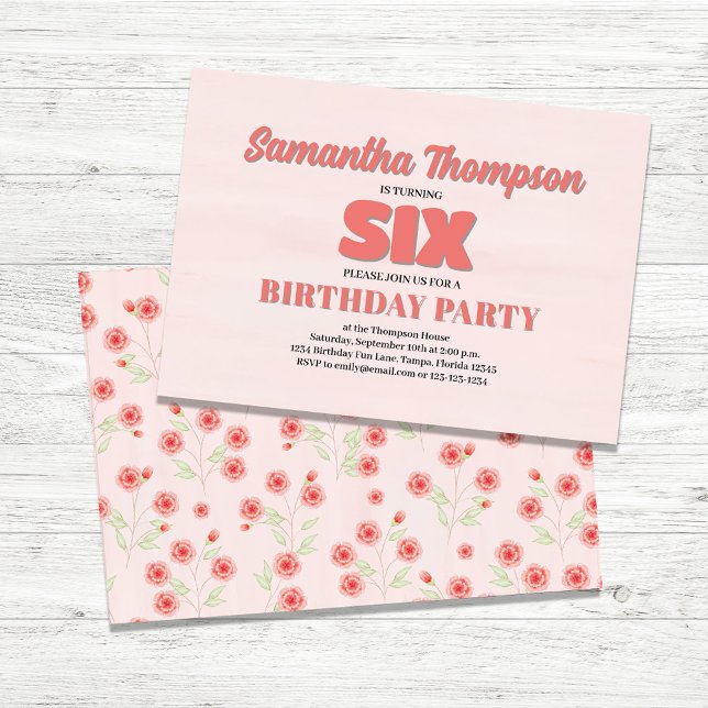 Invitation Rose Floral sixième anniversaire Modèle de la fête (Sixth Birthday Girl Custom Party Invitations.)