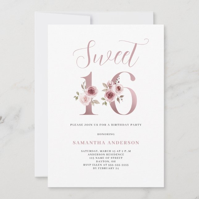 Invitation Rose Floral Sweet 16 Anniversaire (Devant)