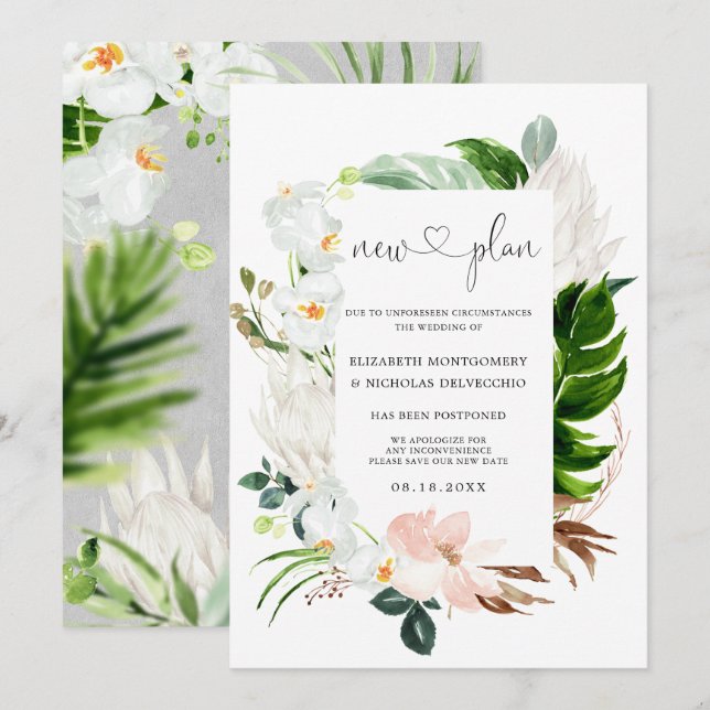 Invitation Rose Floral Tropical Blanc | Mariage Reporté (Devant / Derrière)
