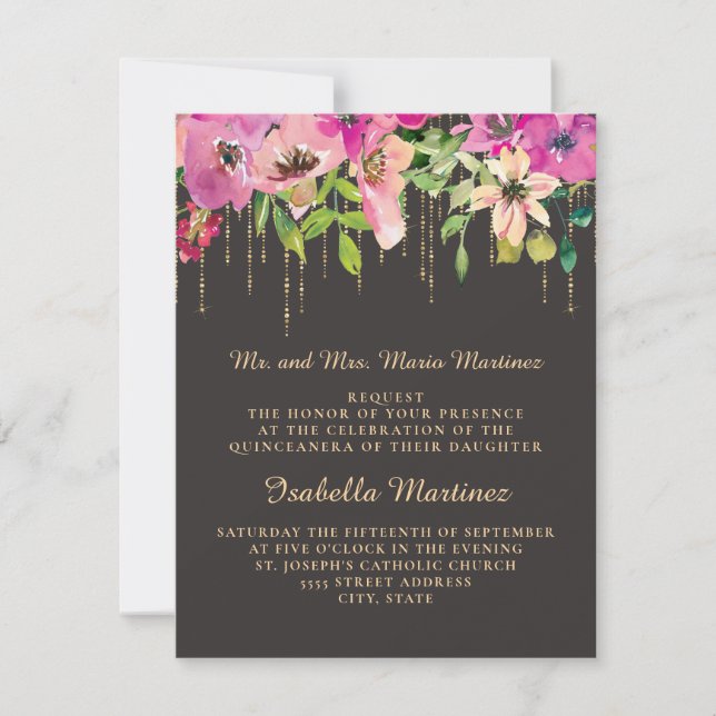 Invitation Rose Floral Vert Feuille Noir Or Quinceañera (Devant)
