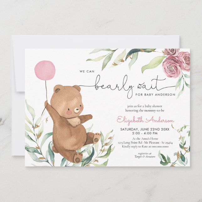 Invitation Rose Floral Vert Ours Balloon Fille Baby shower (Devant)