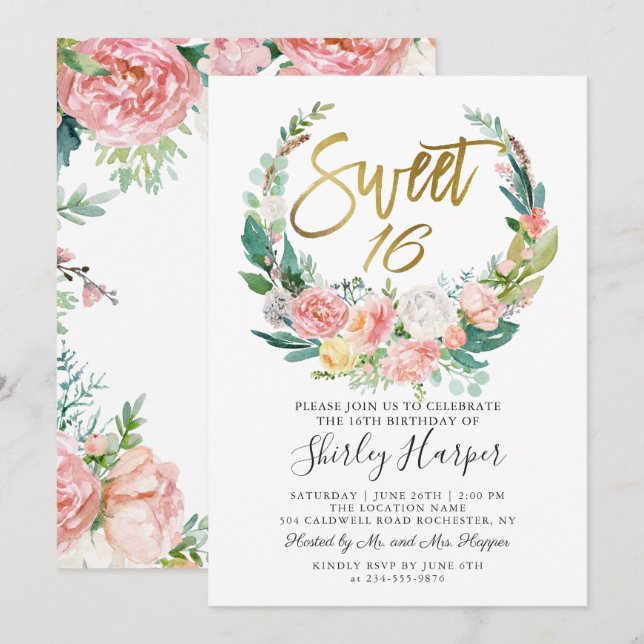 Invitation Rose Floral vert Wreath Gold Script Sweet 16 (Devant / Derrière)