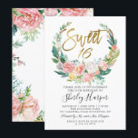 Invitation Rose Floral vert Wreath Gold Script Sweet 16<br><div class="desc">Rose Floral vert Wreath Gold Script Sweet 16 Invitation</div>