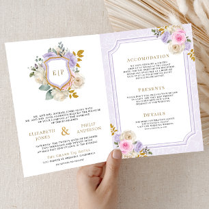 Invitation Rose Floral Violet Pastel Mariage Crête Tout en Un