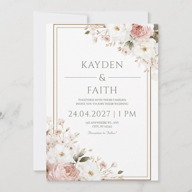 Invitation Rose florale blanche rose romantique de mariage (Devant)