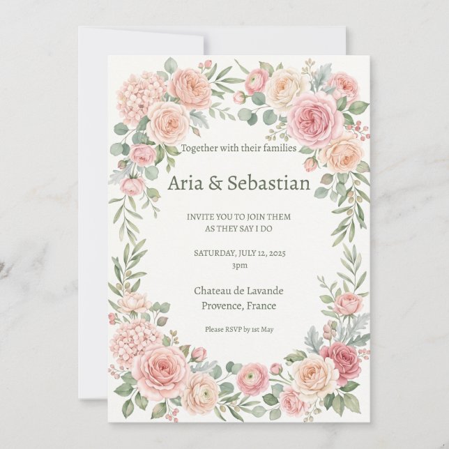 Invitation Rose Florale de Jardin Rose Pâle Mariage (Devant)