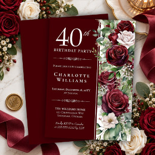 Invitation Rose florale de vin bordeaux élégante pour 40e ann