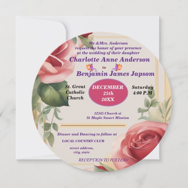 Invitation Rose Florale Élégante Mariage   (Devant)