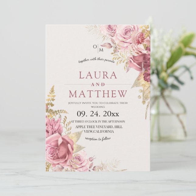 Invitation Rose Florale Élégante Mariage Rose Pâle (Debout devant)