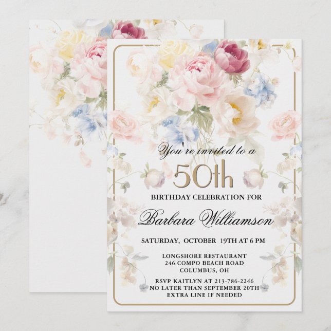 Invitation Rose Florale Élégante Peinte Teintée 50e Anniversa (Devant / Derrière)
