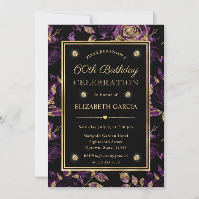Invitation Rose florale élégante violette et or pour 60e anni (Devant)