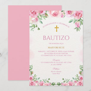 Invitation Rose florale fille baptême aquarelle rose