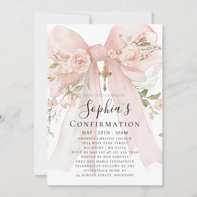 Invitation Rose florale fille de confirmation rose arc-en-cie (Devant)