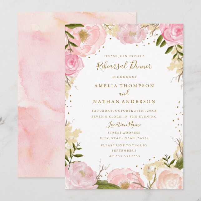Invitation Rose Florale Gold Blush Repas de Répétition de Mar (Devant / Derrière)