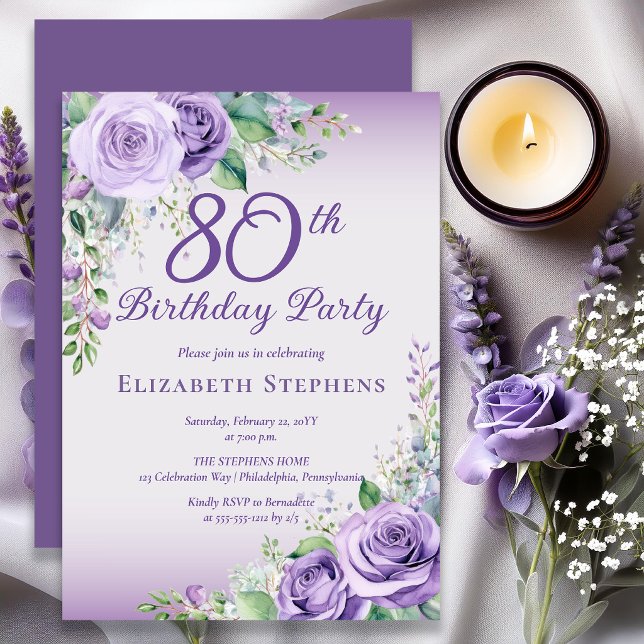 Invitation Rose Florale Lavande Violette Élégante 80e Anniver (Elegant lavender watercolor roses for a sophisticated purple 80th milestone birthday celebration.)