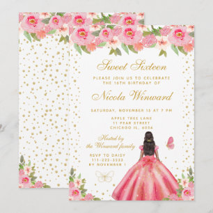 Invitation Rose Florale Peau Sombre Princesse Sweet Seize