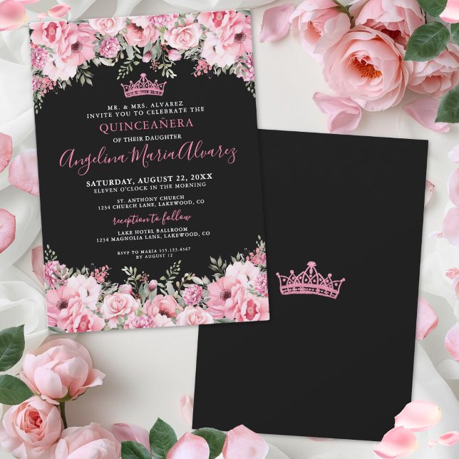 Invitation Rose Florale Quinceanera Noire (Elegant Floral Pink Quinceanera Invitation )