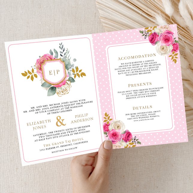 Invitation Rose florale rose fuchsia Tout en un Crest Mariage (Créateur téléchargé)