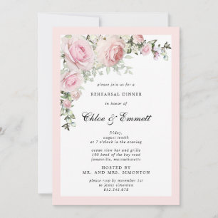 Invitation Rose Florale Rose Pâle pour Dîner de Répétition