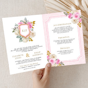 Invitation Rose florale rose pastel Tout en un Crest Mariage